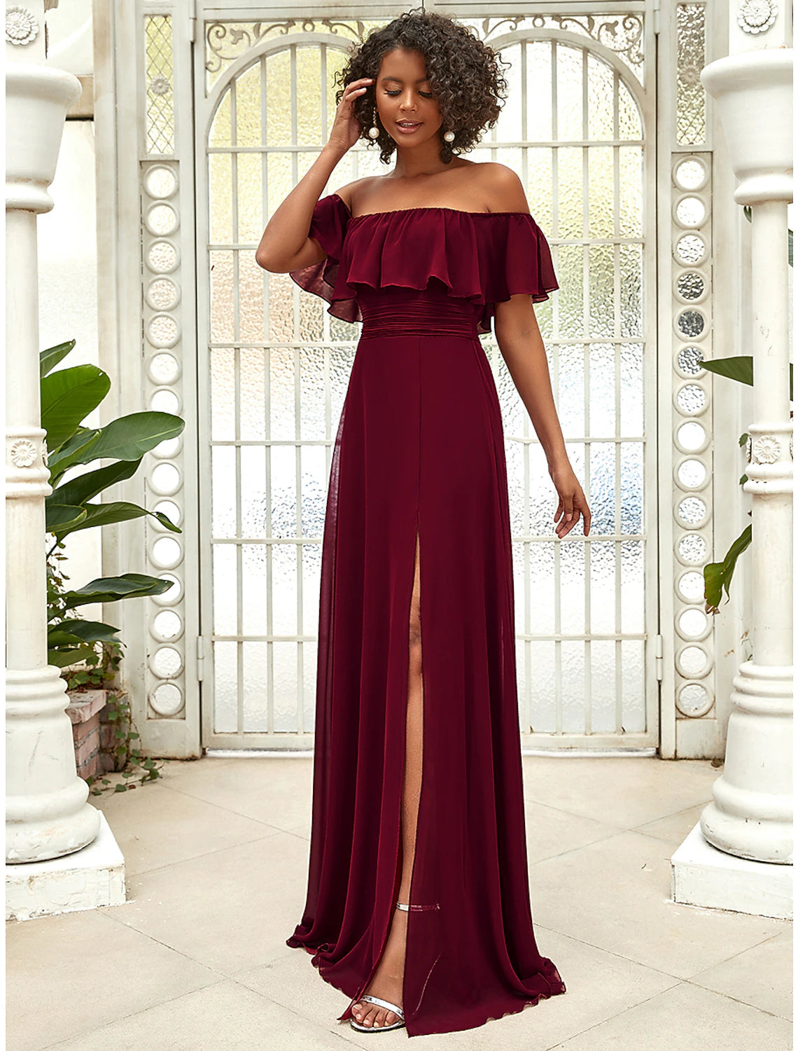 Luolandi A-Line Bridesmaid Dress Off Shoulder Sleeveless Elegant Floor Length Chiffon with Ruffles / Draping